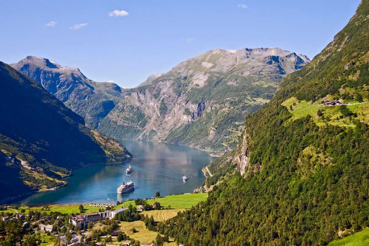 Electric ferry gliding through Norway’s Geirangerfjord, exemplifying clean energy travel and green accommodations in Scandinavia.