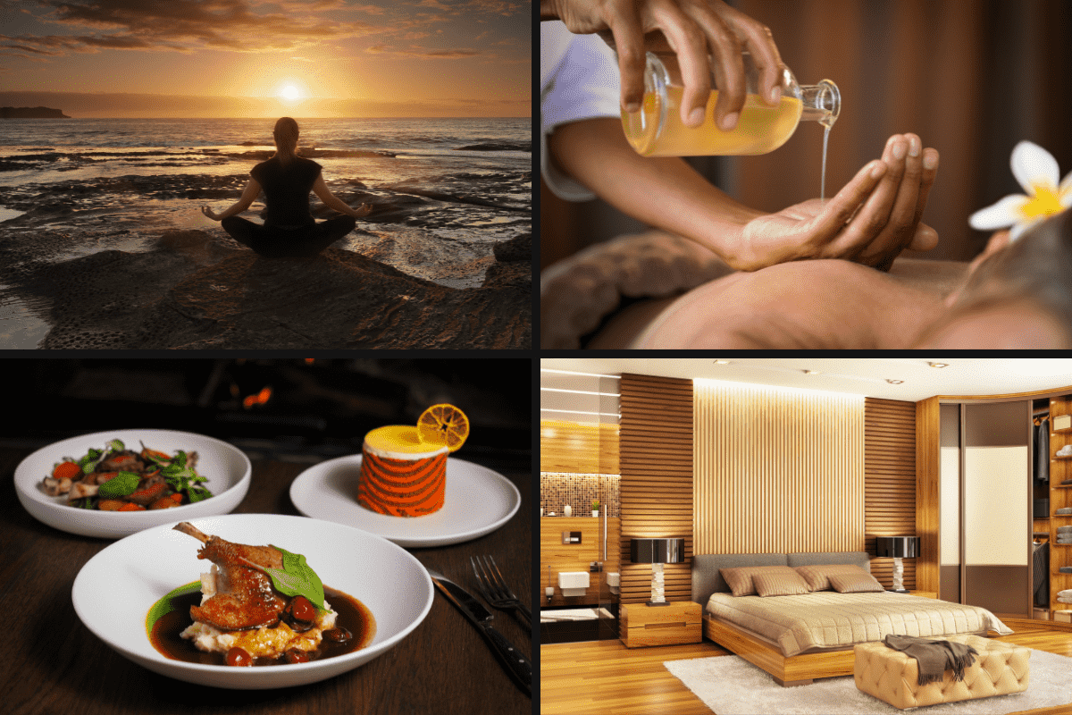 Elements of a luxury wellness retreat including spa treatments, yoga, and healthy cuisine