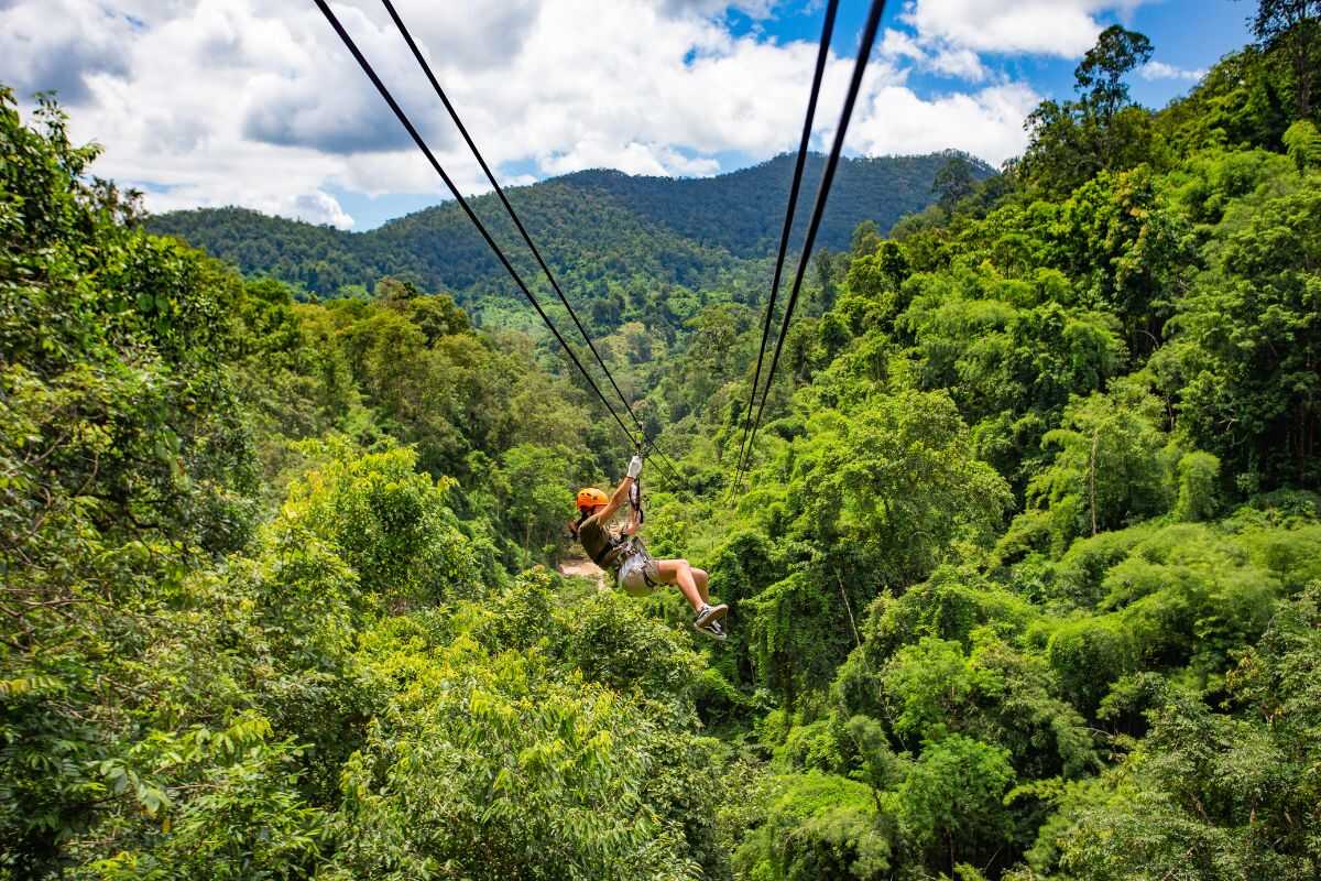 Thrilling zipline adventure through the tropical rainforest in Chiang Mai, Thailand