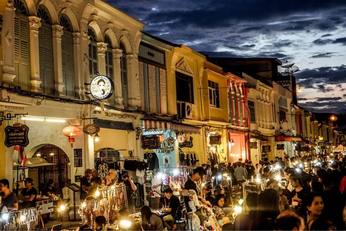 Vendors and lanterns at the Sunday Walking Street Market on Thalang Road, Phuket Old Town Night Market