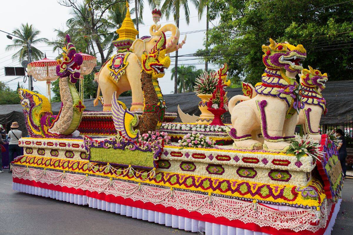 Elaborate floral floats during Chiang Mai Flower Festival 2025 parade in Northern Thailand