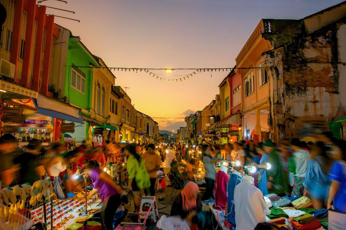 Thalang Road night market Phuket Town atmosphere evening
